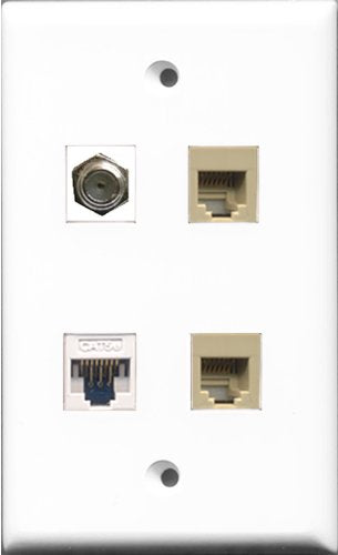 RiteAV 1 Port Coax Cable TV- F-Type 2 Port Phone RJ11 RJ12 Beige and 1 Port Cat5e Ethernet White Wall Plate
