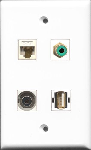 RiteAV 1 Port RCA Green and 1 Port USB A-A and 1 Port 3.5mm and 1 Port Cat6 Ethernet White Wall Plate
