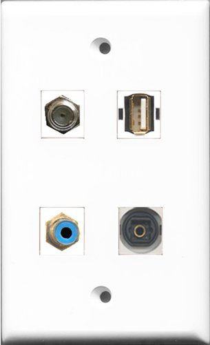 RiteAV 1 Port RCA Blue and 1 Port Coax Cable TV- F-Type and 1 Port USB A-A and 1 Port Toslink Wall Plate