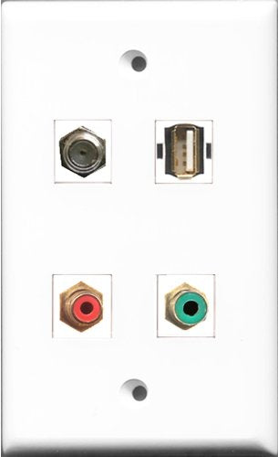 RiteAV 1 Port RCA Red and 1 Port RCA Green and 1 Port Coax Cable TV- F-Type and 1 Port USB A-A Wall Plate