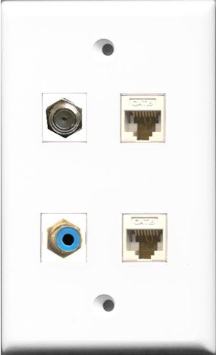 RiteAV 1 Port RCA Blue and 1 Port Coax Cable TV- F-Type 2 Port Cat6 Ethernet White Wall Plate