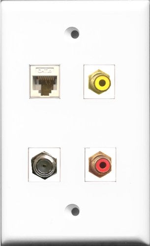 RiteAV 1 Port RCA Red and 1 Port RCA Yellow and 1 Port Coax Cable TV- F-Type and 1 Port Cat6 Ethernet White Wall Plate