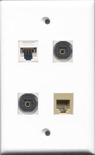 RiteAV 1 Port Phone RJ11 RJ12 Beige 2 Port Toslink and 1 Port Cat5e Ethernet White Wall Plate