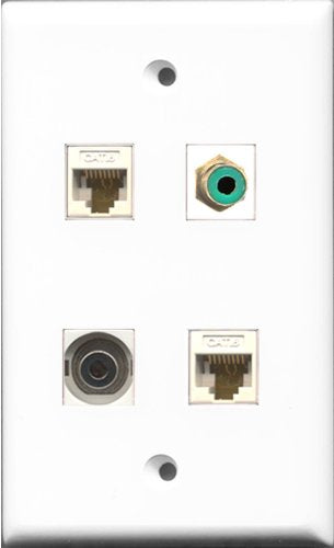 RiteAV 1 Port RCA Green and 1 Port 3.5mm 2 Port Cat6 Ethernet White Wall Plate