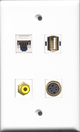 RiteAV 1 Port RCA Yellow and 1 Port USB A-A and 1 Port S-Video and 1 Port Cat5e Ethernet White Wall Plate
