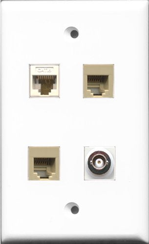 RiteAV - 2 Port Phone RJ11 RJ12 Beige and 1 Port BNC and 1 Port Cat6 Ethernet White Wall Plate