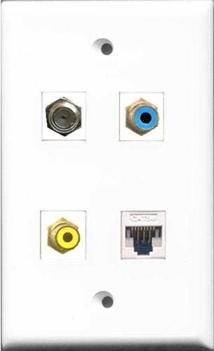 RiteAV 1 Port RCA Yellow and 1 Port RCA Blue and 1 Port Coax Cable TV- F-Type and 1 Port Cat5e Ethernet White Wall Plate