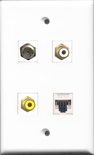 RiteAV 1 Port RCA White and 1 Port RCA Yellow and 1 Port Coax Cable TV- F-Type and 1 Port Cat5e Ethernet White Wall Plate