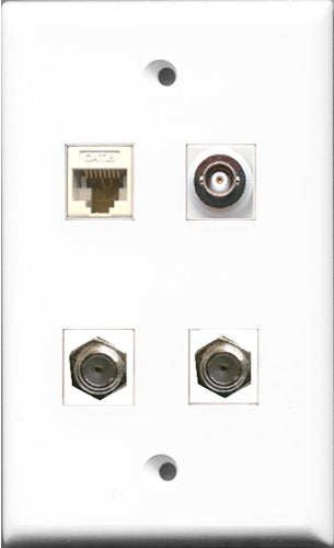 RiteAV - 2 Port Coax Cable TV- F-Type and 1 Port BNC and 1 Port Cat6 Ethernet White Wall Plate
