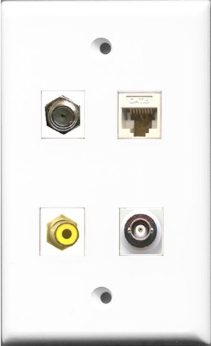 RiteAV 1 Port RCA Yellow and 1 Port Coax Cable TV- F-Type and 1 Port BNC and 1 Port Cat6 Ethernet White Wall Plate