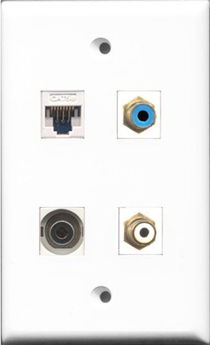 RiteAV 1 Port RCA White and 1 Port RCA Blue and 1 Port 3.5mm and 1 Port Cat5e Ethernet White Wall Plate