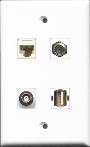RiteAV 1 Port Coax Cable TV- F-Type and 1 Port USB A-A and 1 Port BNC and 1 Port Cat6 Ethernet White Wall Plate