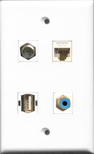 RiteAV 1 Port RCA Blue and 1 Port Coax Cable TV- F-Type and 1 Port USB A-A and 1 Port Cat6 Ethernet White Wall Plate