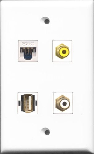 RiteAV 1 Port RCA White and 1 Port RCA Yellow and 1 Port USB A-A and 1 Port Cat5e Ethernet White Wall Plate