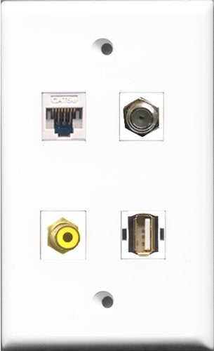RiteAV - 1 Port RCA Yellow and 1 Port Coax Cable TV- F-Type and 1 Port USB A-A and 1 Port Cat5e Ethernet White Wall Plate