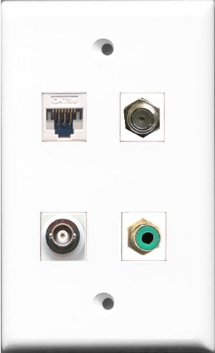 RiteAV - 1 Port RCA Green and 1 Port Coax Cable TV- F-Type and 1 Port BNC and 1 Port Cat5e Ethernet White Wall Plate