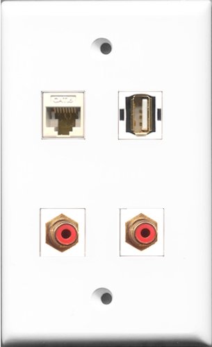 RiteAV - 2 Port RCA Red and 1 Port USB A-A and 1 Port Cat6 Ethernet White Wall Plate