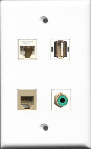 RiteAV 1 Port RCA Green and 1 Port USB A-A and 1 Port Phone RJ11 RJ12 Beige and 1 Port Cat6 Ethernet White Wall Plate