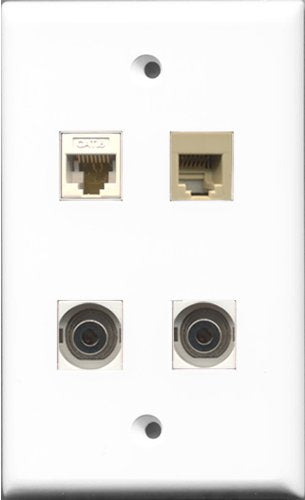 RiteAV 1 Port Phone RJ11 RJ12 Beige 2 Port 3.5mm and 1 Port Cat6 Ethernet White Wall Plate