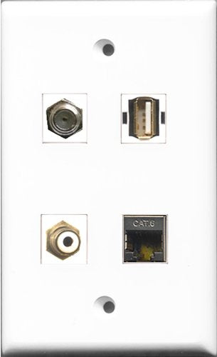 RiteAV 1 Port RCA White and 1 Port Coax Cable TV- F-Type and 1 Port USB A-A and 1 Port Shielded Cat6 Ethernet Wall Plate