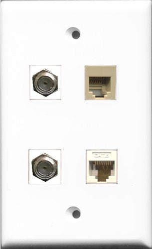 RiteAV - 2 Port Coax Cable TV- F-Type and 1 Port Phone RJ11 RJ12 Beige and 1 Port Cat6 Ethernet White Wall Plate