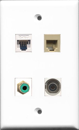 RiteAV 1 Port RCA Green and 1 Port Phone RJ11 RJ12 Beige and 1 Port 3.5mm and 1 Port Cat5e Ethernet White Wall Plate
