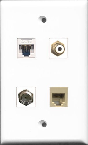 RiteAV 1 Port RCA White and 1 Port Coax Cable TV- F-Type and 1 Port Phone RJ11 RJ12 Beige and 1 Port Cat5e Ethernet White Wall Plate