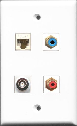 RiteAV 1 Port RCA Red and 1 Port RCA Blue and 1 Port BNC and 1 Port Cat6 Ethernet White Wall Plate