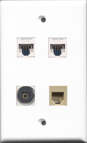 RiteAV - 1 Port Phone RJ11 RJ12 Beige and 1 Port Toslink 2 Port Cat5e Ethernet White Wall Plate
