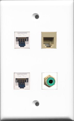 RiteAV 1 Port RCA Green and 1 Port Phone RJ11 RJ12 Beige 2 Port Cat5e Ethernet White Wall Plate