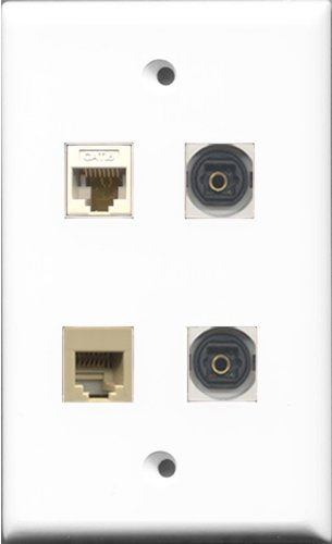 RiteAV 1 Port Phone RJ11 RJ12 Beige 2 Port Toslink and 1 Port Cat6 Ethernet White Wall Plate