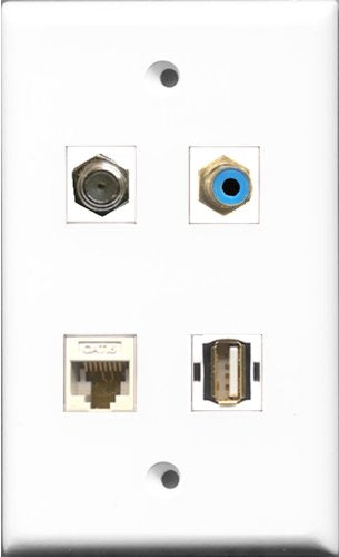 RiteAV 1 Port RCA Blue and 1 Port Coax Cable TV- F-Type and 1 Port USB A-A and 1 Port Cat6 Ethernet White Wall Plate