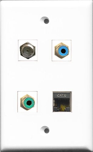 RiteAV 1 Port RCA Green and 1 Port RCA Blue and 1 Port Coax Cable TV- F-Type and 1 Port Shielded Cat6 Ethernet Wall Plate