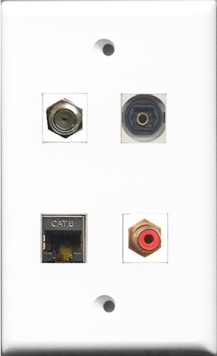 RiteAV 1 Port RCA Red and 1 Port Coax Cable TV- F-Type and 1 Port Shielded Cat6 Ethernet and 1 Port Toslink Wall Plate
