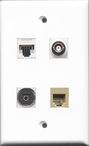 RiteAV - 1 Port Phone RJ11 RJ12 Beige and 1 Port Toslink and 1 Port BNC and 1 Port Cat5e Ethernet White Wall Plate