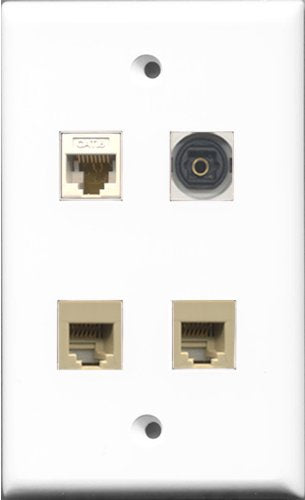 RiteAV - 2 Port Phone RJ11 RJ12 Beige and 1 Port Toslink and 1 Port Cat6 Ethernet White Wall Plate