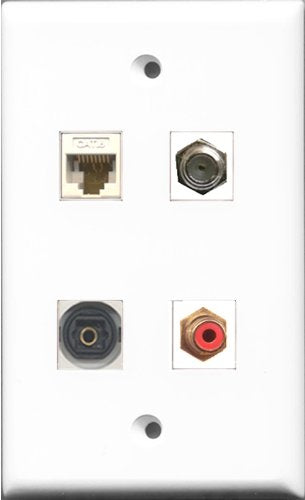 RiteAV 1 Port RCA Red and 1 Port Coax Cable TV- F-Type and 1 Port Toslink and 1 Port Cat6 Ethernet White Wall Plate