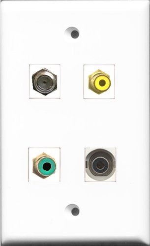 RiteAV 1 Port RCA Yellow and 1 Port RCA Green and 1 Port Coax Cable TV- F-Type and 1 Port 3.5mm Wall Plate