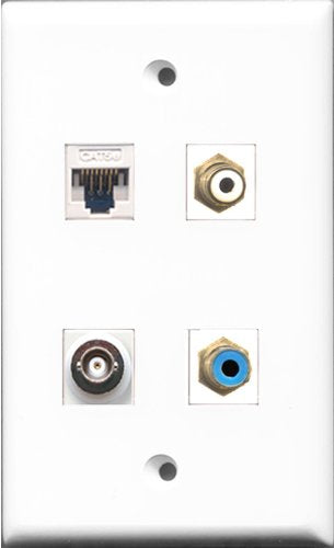 RiteAV 1 Port RCA White and 1 Port RCA Blue and 1 Port BNC and 1 Port Cat5e Ethernet White Wall Plate