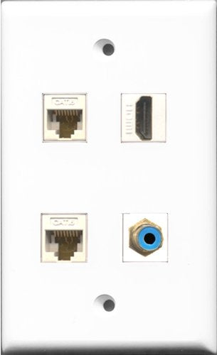 RiteAV 1 Port HDMI and 1 Port RCA Blue 2 Port Cat6 Ethernet White Wall Plate