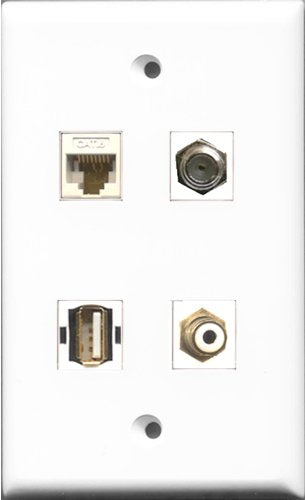 RiteAV 1 Port RCA White and 1 Port Coax Cable TV- F-Type and 1 Port USB A-A and 1 Port Cat6 Ethernet White Wall Plate
