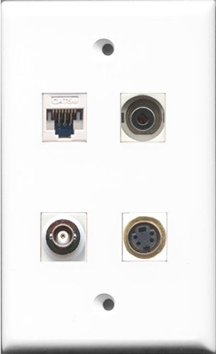 RiteAV - 1 Port S-Video and 1 Port 3.5mm and 1 Port BNC and 1 Port Cat5e Ethernet White Wall Plate