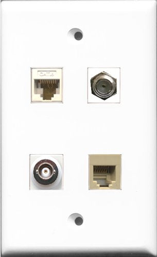 RiteAV 1 Port Coax Cable TV- F-Type and 1 Port Phone RJ11 RJ12 Beige and 1 Port BNC and 1 Port Cat6 Ethernet White Wall Plate