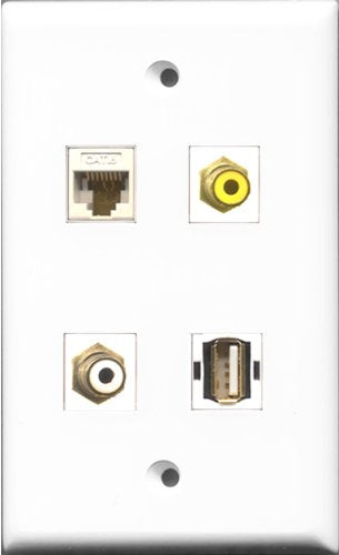 RiteAV 1 Port RCA White and 1 Port RCA Yellow and 1 Port USB A-A and 1 Port Cat6 Ethernet White Wall Plate