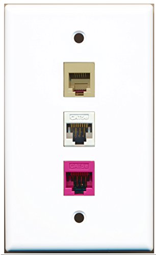 RiteAV - 1 Port Phone RJ11 RJ12 Beige 1 Cat5e Ethernet White 1 Cat5e Ethernet Pink Wall Plate