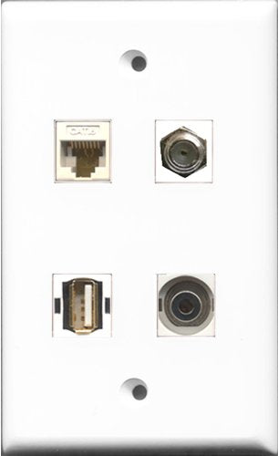 RiteAV 1 Port Coax Cable TV- F-Type and 1 Port USB A-A and 1 Port 3.5mm and 1 Port Cat6 Ethernet White Wall Plate