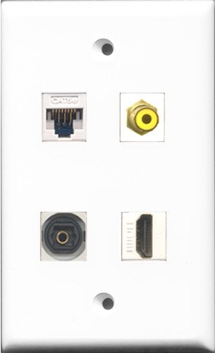 RiteAV 1 Port HDMI and 1 Port RCA Yellow and 1 Port Toslink and 1 Port Cat5e Ethernet White Wall Plate