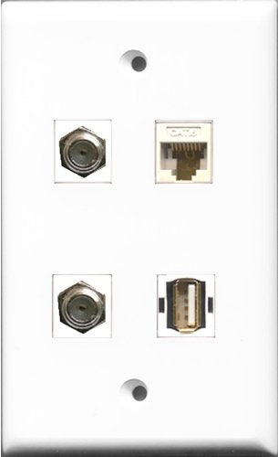 RiteAV - 2 Port Coax Cable TV- F-Type and 1 Port USB A-A and 1 Port Cat6 Ethernet White Wall Plate