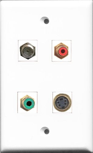 RiteAV 1 Port RCA Red and 1 Port RCA Green and 1 Port Coax Cable TV- F-Type and 1 Port S-Video Wall Plate