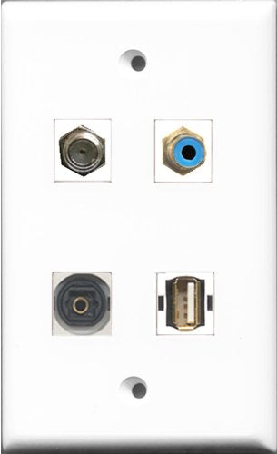 RiteAV 1 Port RCA Blue and 1 Port Coax Cable TV- F-Type and 1 Port USB A-A and 1 Port Toslink Wall Plate